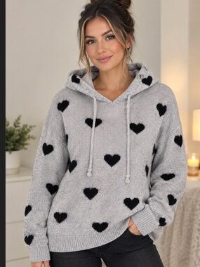 Miracle Gray Hoodie Sweater with Black Hearts Oversized